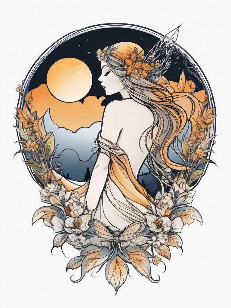 Fairy Tattoo: Harvest Moonlight Pixie  simple color tattoo style,white background