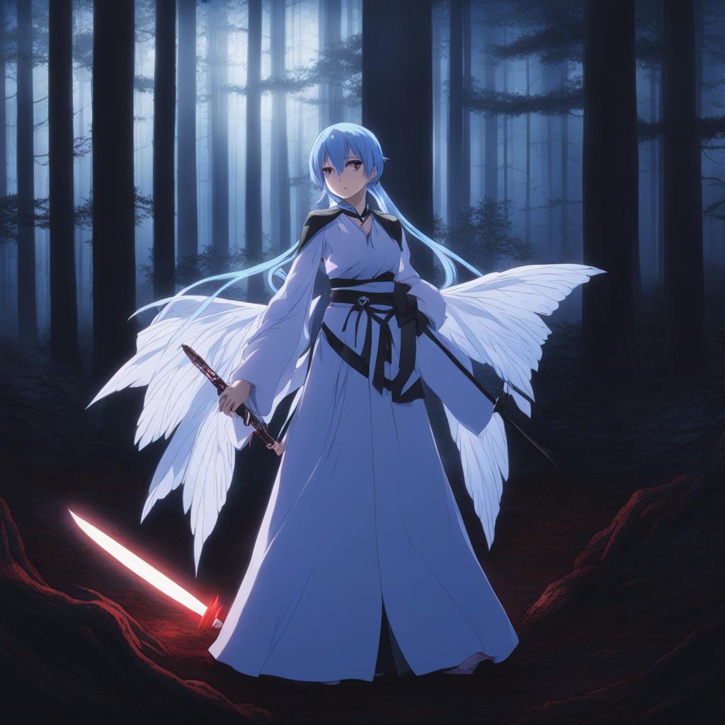 rem protects subaru from danger with her demon powers in a dimly lit forest. 