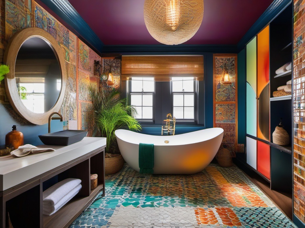 Eclectic bathroom combines unique fixtures, colorful tiles, and various textures, making it a lively and personalized space for relaxation.  