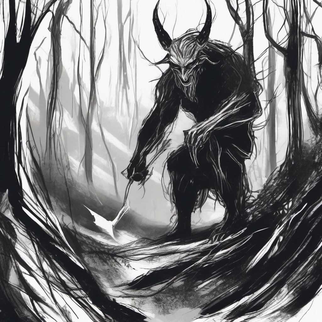 drawing of a demon in a dark forest  minimal rough sketch scribbles,doodles,black and white