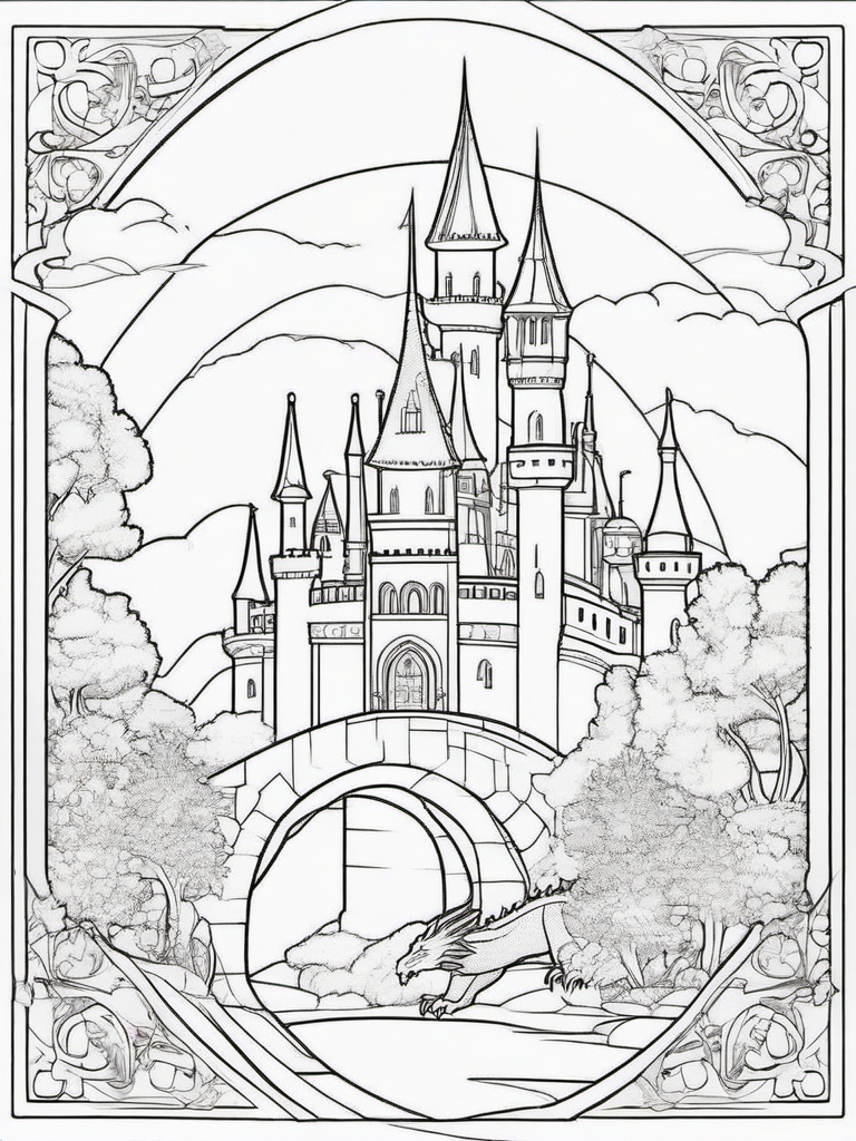 Dragon and Fairy Tale Castle Coloring Pages - Enchanted Scene of Royalty  minimal black outline printable sheet, coloring page