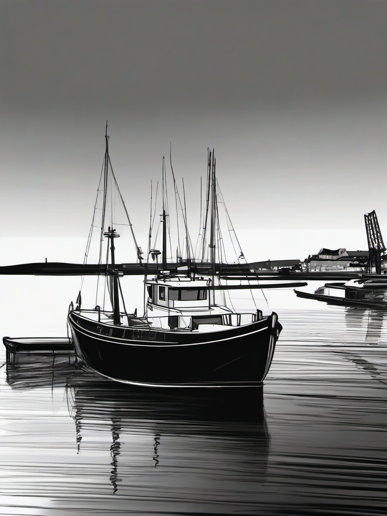 drawing of a boat in a harbor  minimal rough sketch scribbles,doodles,black and white