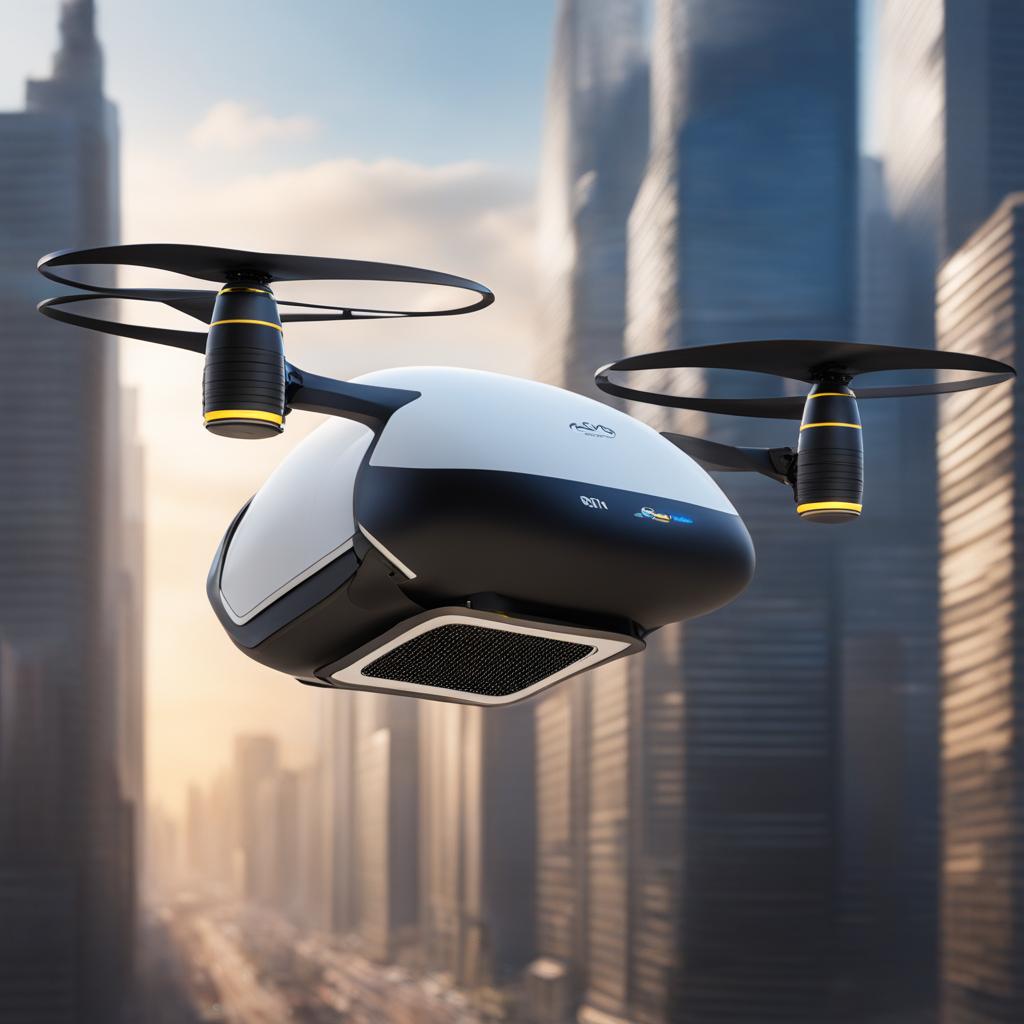 anti-gravity cargo drone, transporting heavy loads with precision through bustling city skies. 