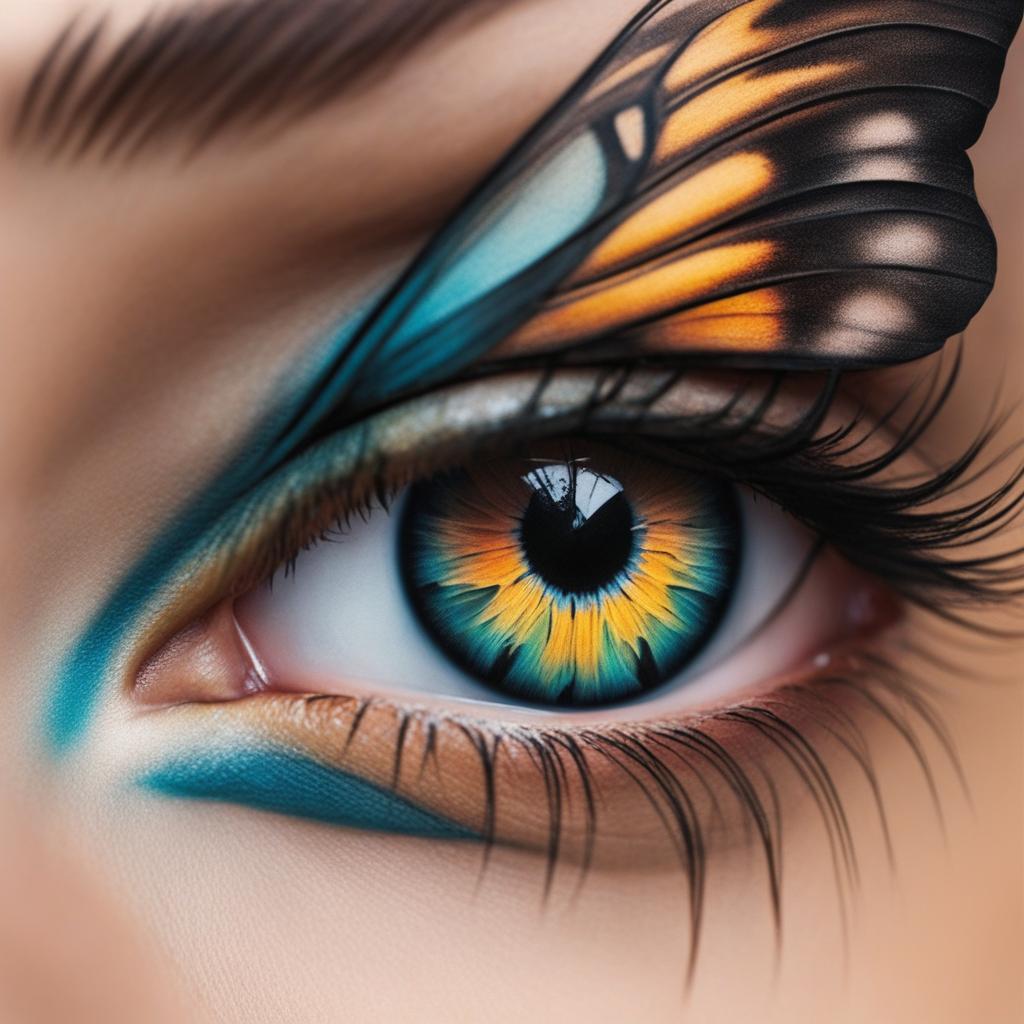 Butterfly eye tattoo, Unique tattoos featuring the eye of a butterfly.  viviid colors, white background, tattoo design