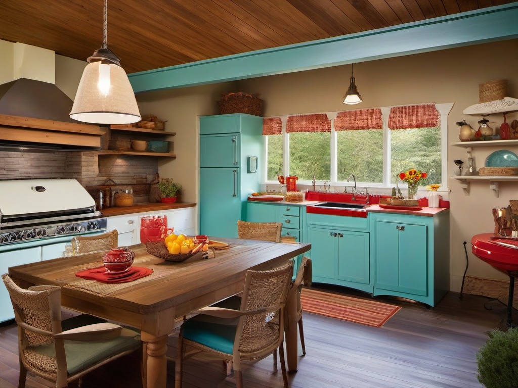 In the outdoor kitchen, vintage interior design showcases retro appliances, rustic decor, and colorful accents that enhance cooking and entertaining experiences in a nostalgic setting.  