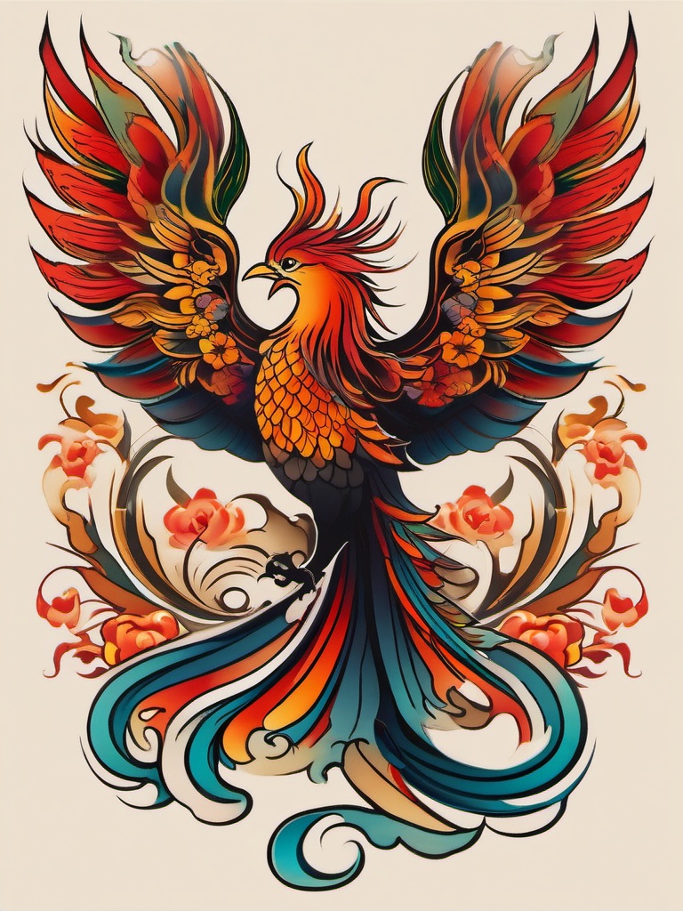 Japanese phoenix tattoo, Tattoos inspired by Japanese culture featuring the iconic phoenix. , color, tattoo design