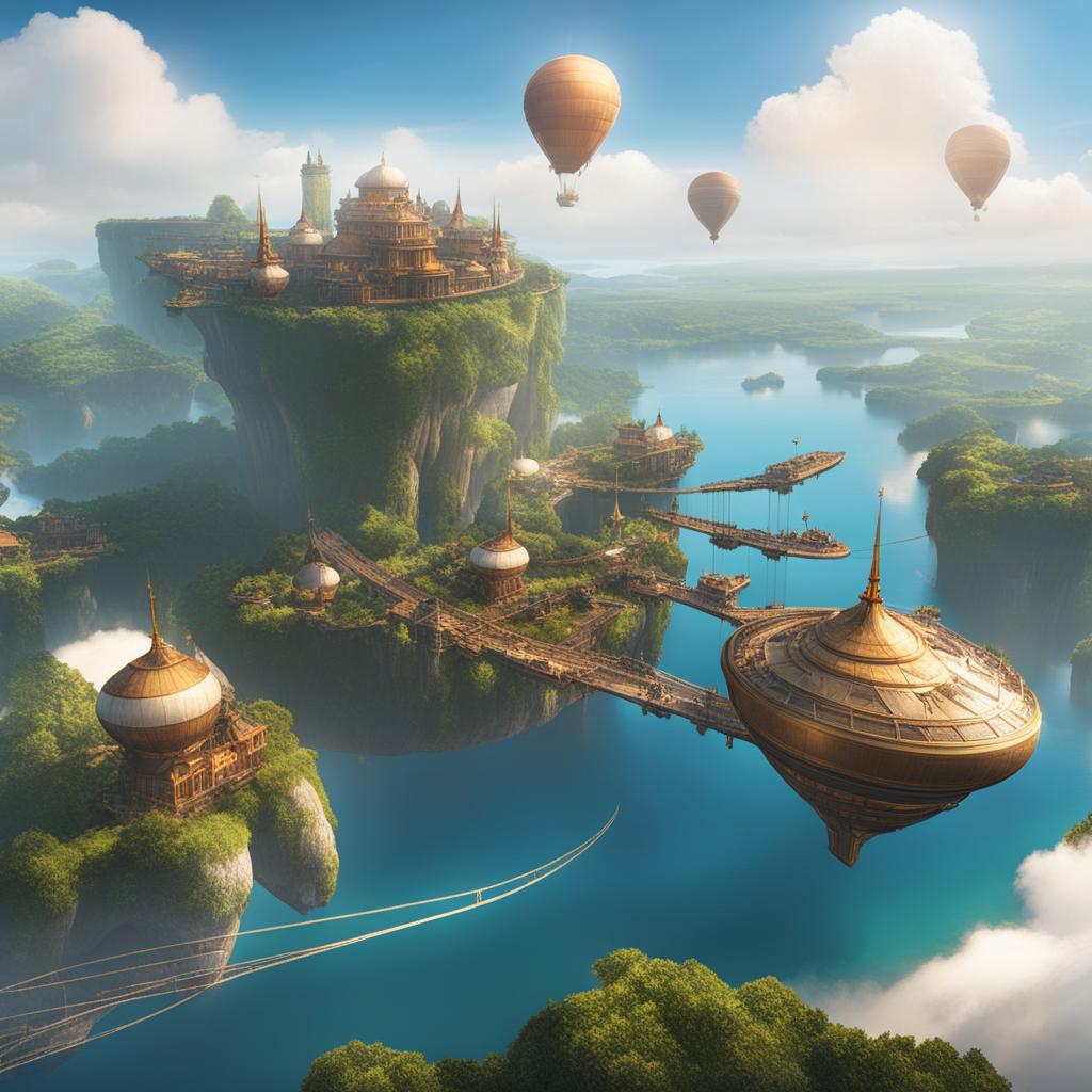 embark on a journey to the sky archipelago, floating islands connected by airships and bridges in the sky. 