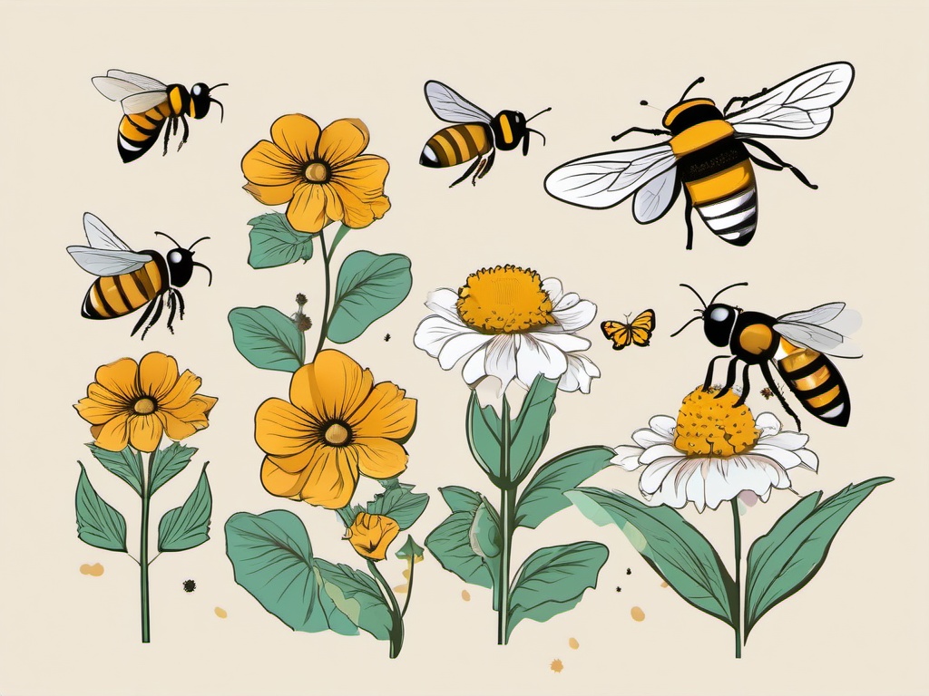 Garden Blooms and Bees clipart - Bees collecting nectar from blooms, ,vector color clipart,minimal