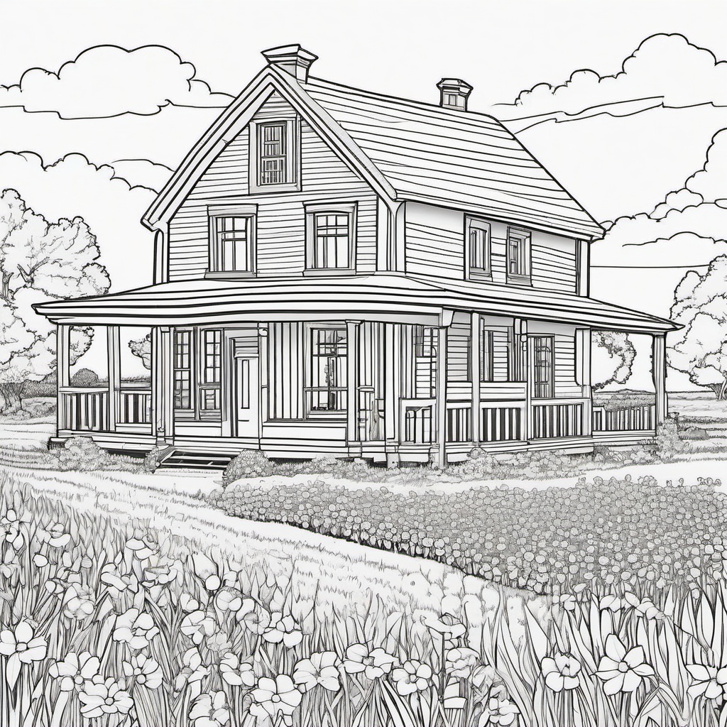 Summer Coloring Pages - Charming farmhouse surrounded by fields of wildflowers  simple coloring pages