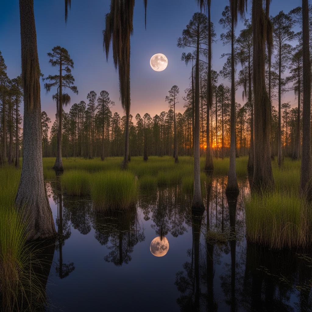 okefenokee swamp - imagine a surreal night in the okefenokee swamp, where cypress trees and spanish moss create a mysterious, moonlit wilderness. 