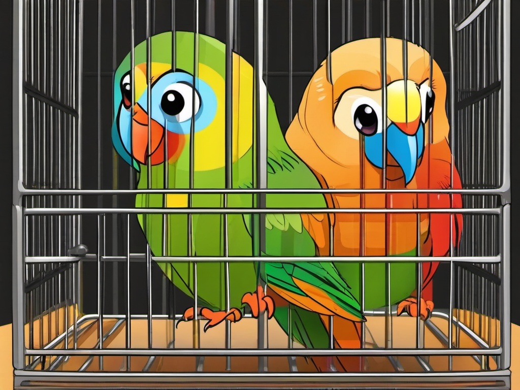 Parakeet Cartoon - Cartoon of parakeet in a colorful cage  