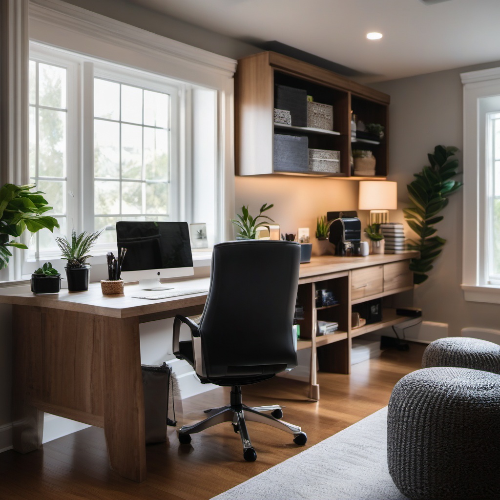 Home Office Setup - Organized and productive home office with ergonomic furniture and ample storage. realistic, professional photography, bokeh, natural lighting, canon lens, shot on dslr 64 megapixels sharp focus