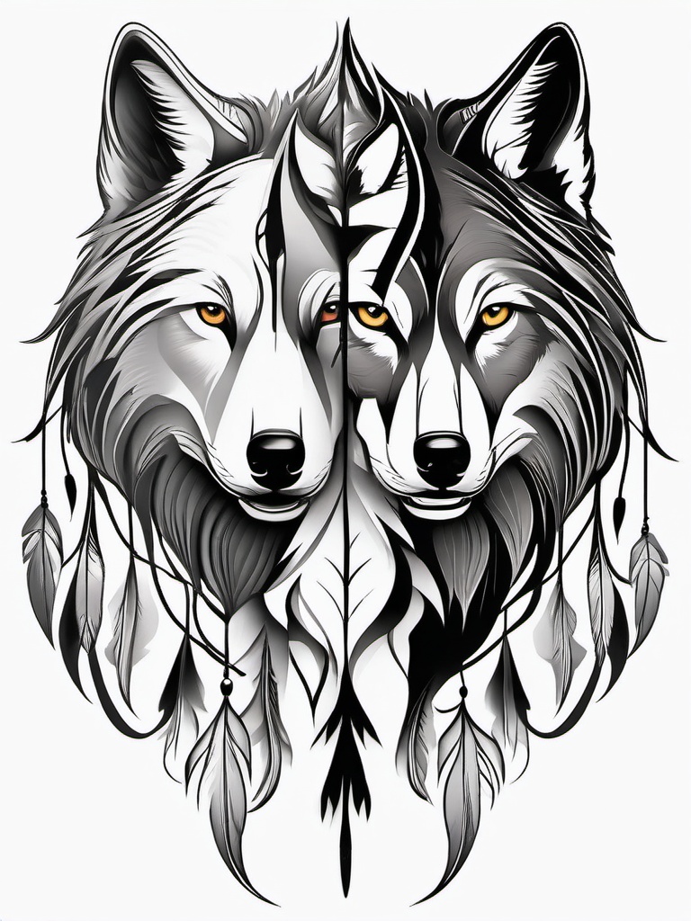 2 Wolves Tattoo,two wolves depicted together, signifying partnership and harmony in the wild. , tattoo design, white clean background