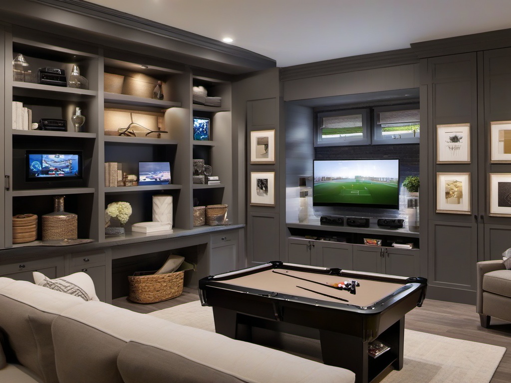 Transitional gamer room blends modern and traditional elements with a neutral palette, practical layouts, and functional storage solutions for gaming gear.  