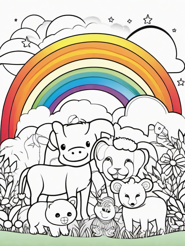 Rainbow Coloring Page - Rainbow with smiling animals underneath.  easy,simple,minimal,coloring pages,black and white outline