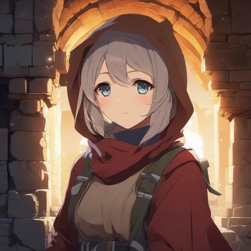 Inquisitive anime explorer in a mysterious ancient ruin.  front facing ,centered portrait shot, cute anime color style, pfp, full face visible