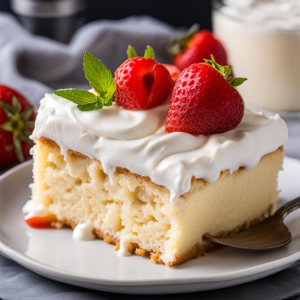 tres leches cake soaked in three types of milk and topped with whipped cream. 