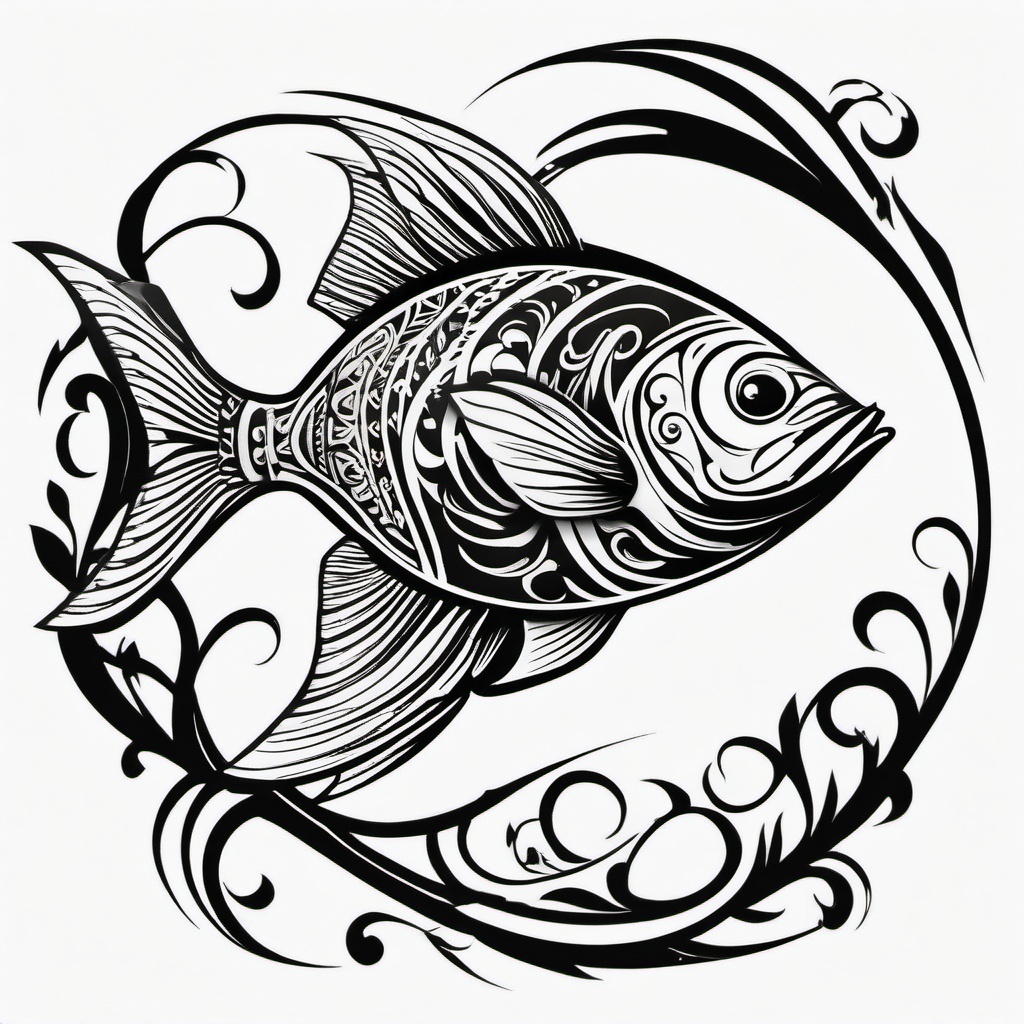 Tribal Fish Tattoo,a tribal-style fish tattoo, representing the enduring connection between nature and culture. , color tattoo design, white clean background