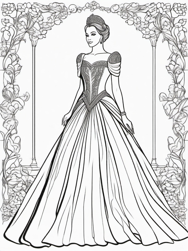 Royal Princess Coloring Pages - Elegant Figure in Lavish Attire  minimal black outline printable sheet, coloring page