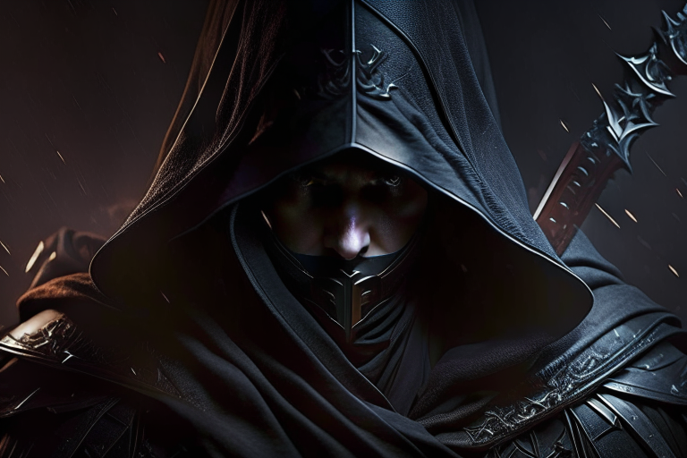 shadowy assassin draped in dark cloaks, wielding twin daggers and blending into the shadows. 