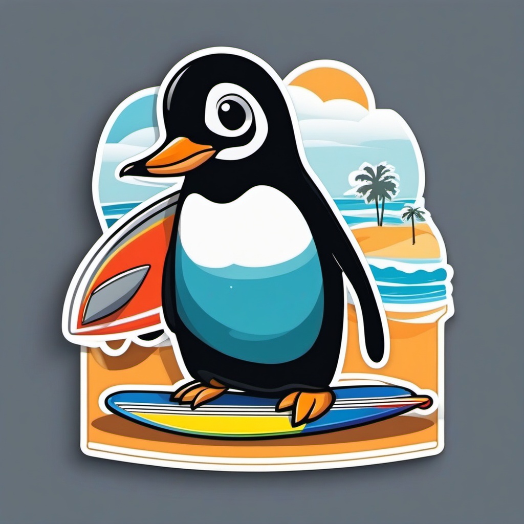 Penguin with Surfboard Sticker - A penguin ready to catch some waves. ,vector color sticker art,minimal