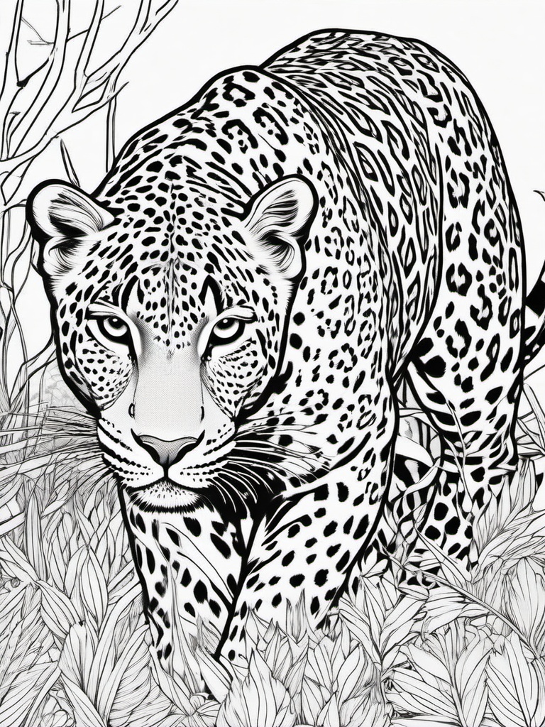 Leopard Coloring Page - Spotted Stealth Hunter  black outline printable coloring page