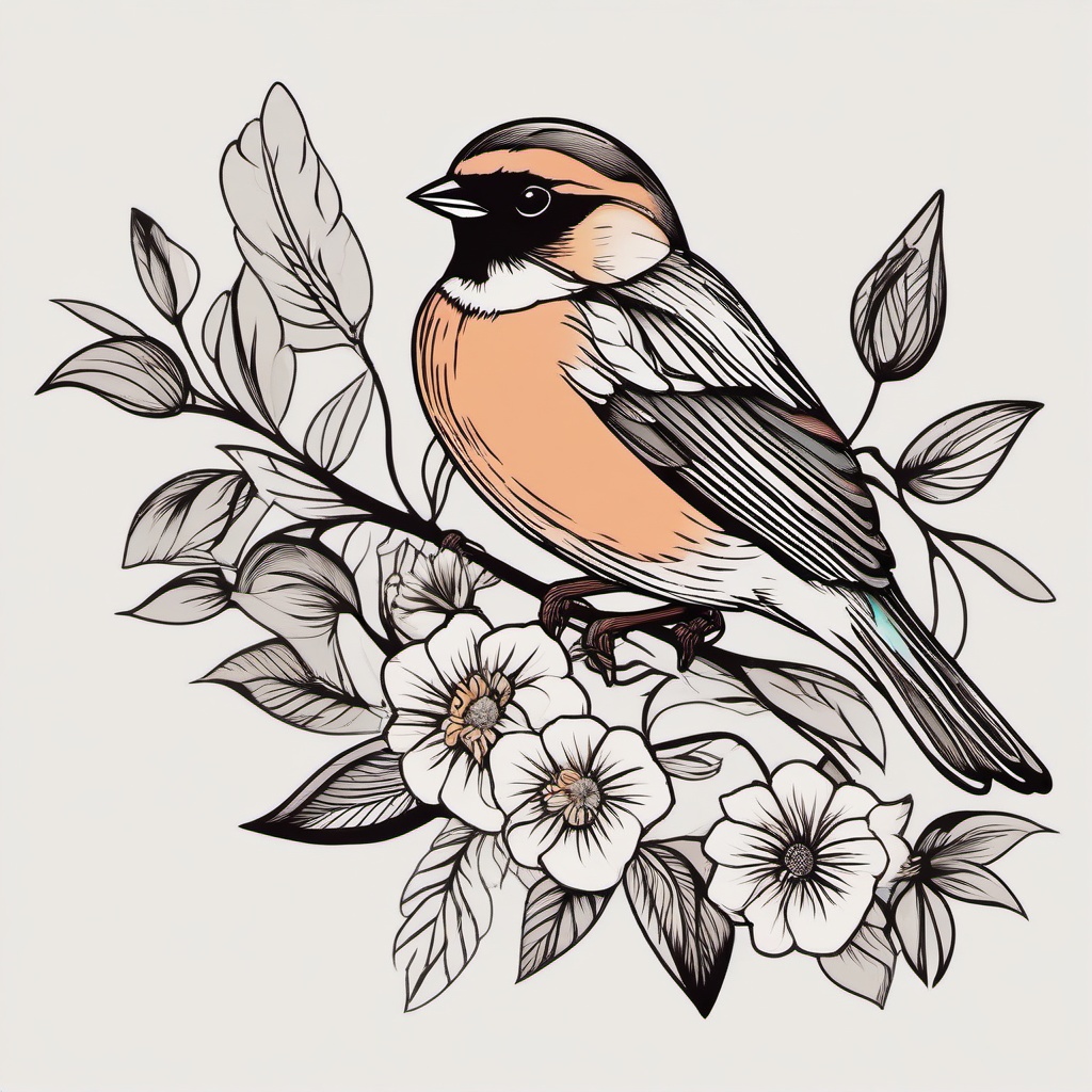 sparrow flower tattoo  minimalist color tattoo, vector