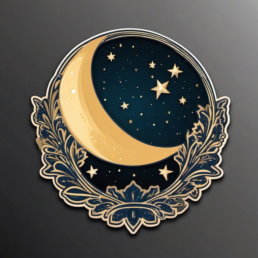 Moon and Stars Sticker - Crescent moon surrounded by stars, ,vector color sticker art,minimal