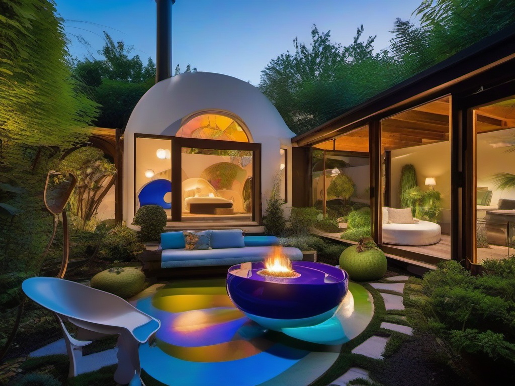 In the garden, surrealist interior design highlights dreamlike landscaping, whimsical sculptures, and vibrant colors that create a magical outdoor retreat for relaxation and enjoyment.  