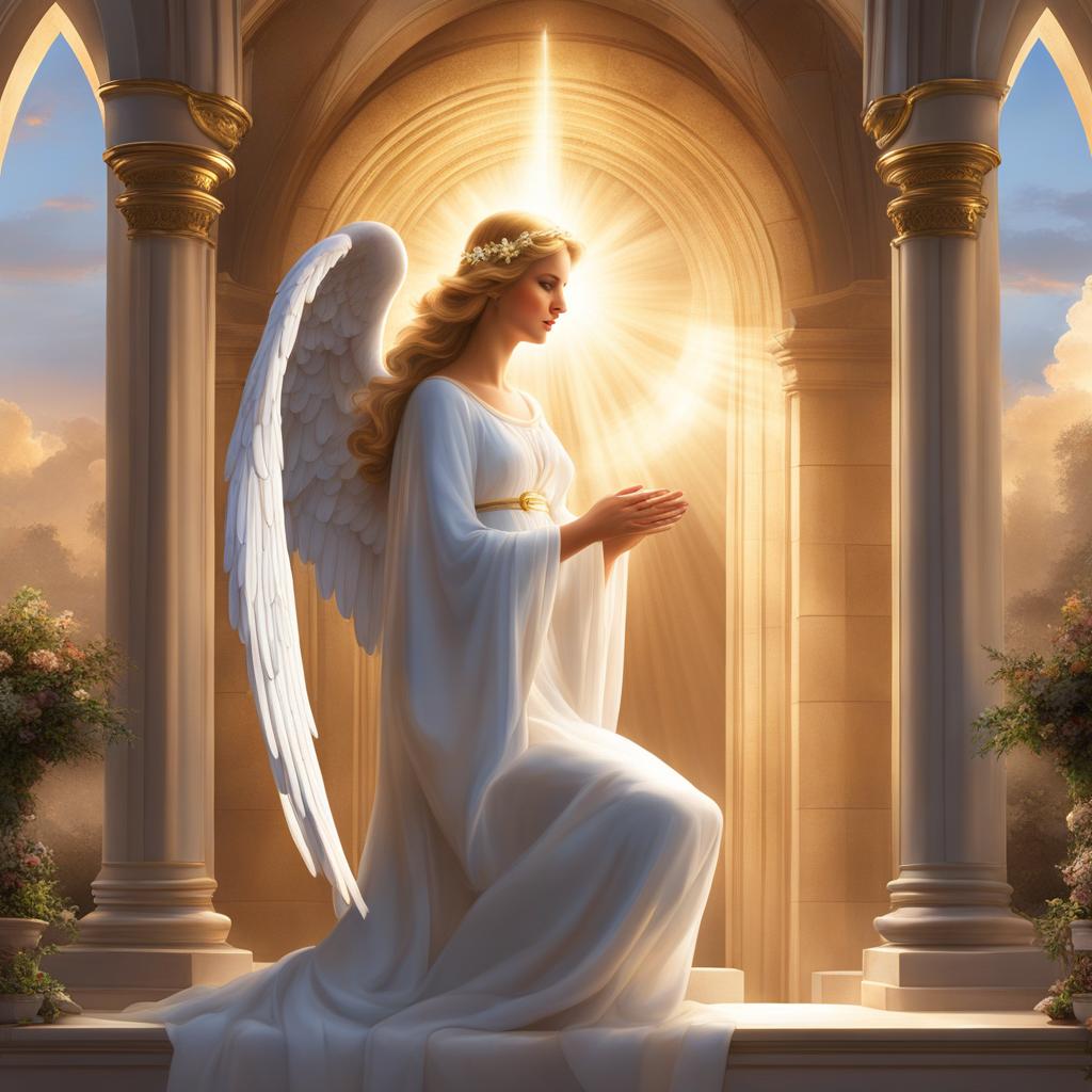 angel clipart - a serene angel, with celestial wings and a radiant halo, watching over a cathedral's altar 