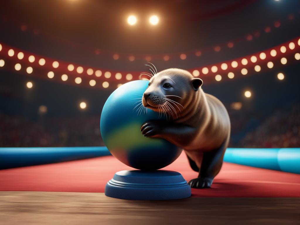 sea lion pup balancing a ball on its nose in a seaside circus 8k ultrarealistic cinematic 