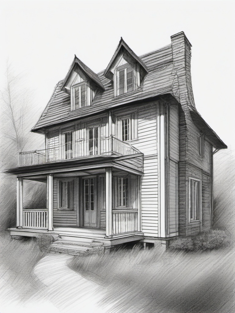 drawing of a cottage house in pencil  minimal rough sketch scribbles,doodles,black and white