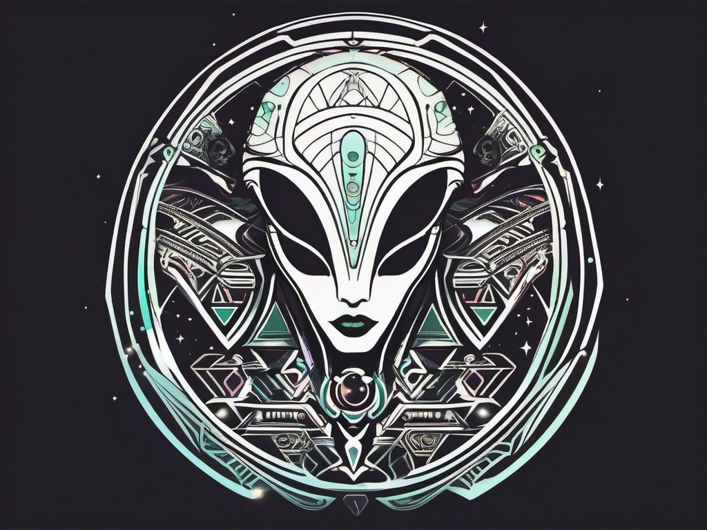 Alien Geometric Tattoo - Fusion of geometric precision and extraterrestrial motifs.  simple color tattoo,vector style,white background