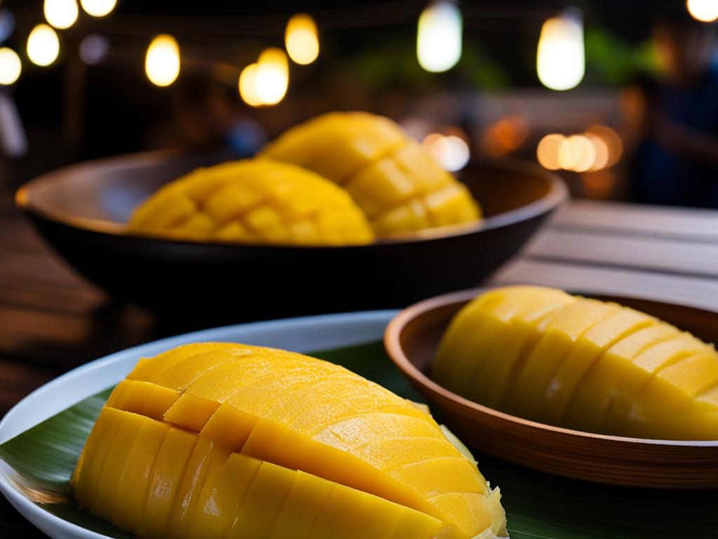 mango sticky rice, thai sweet delicacy, enjoyed under the twinkling lights of a chiang mai night market. 