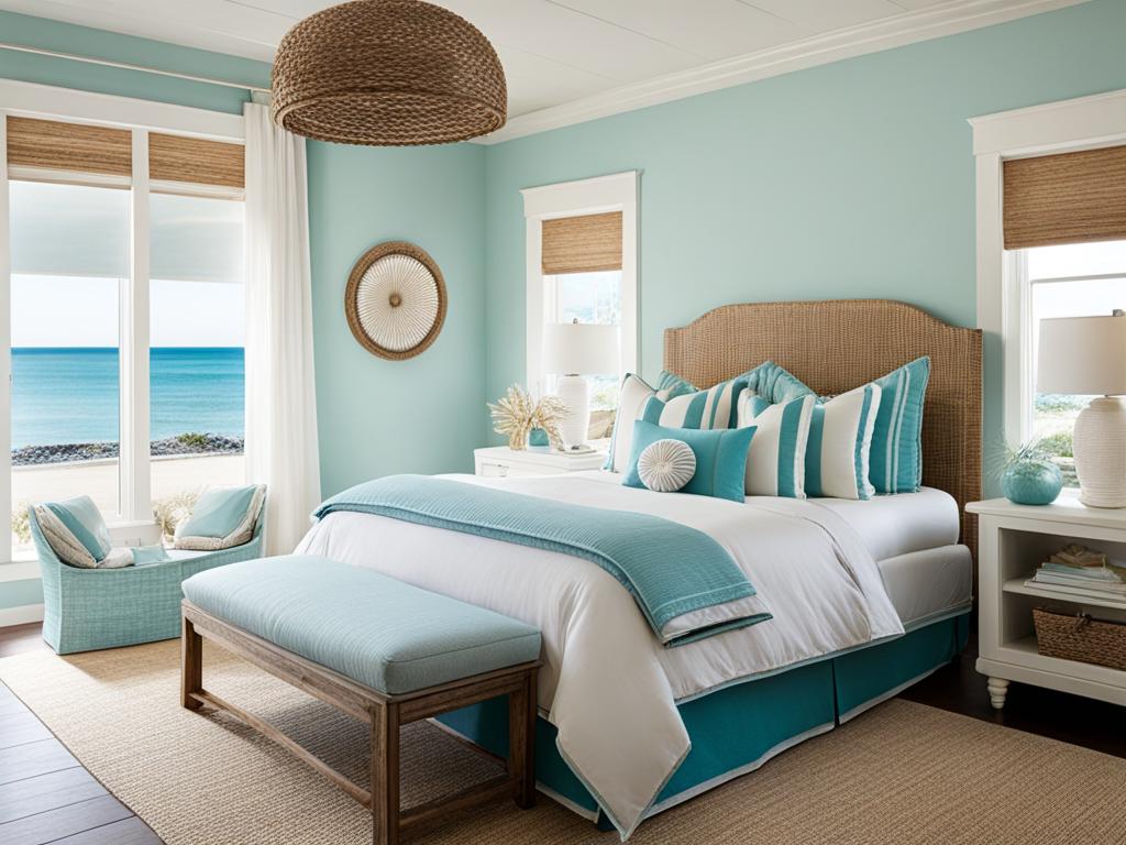 coastal-themed bedroom with a beachy color scheme and seashell accessories. 