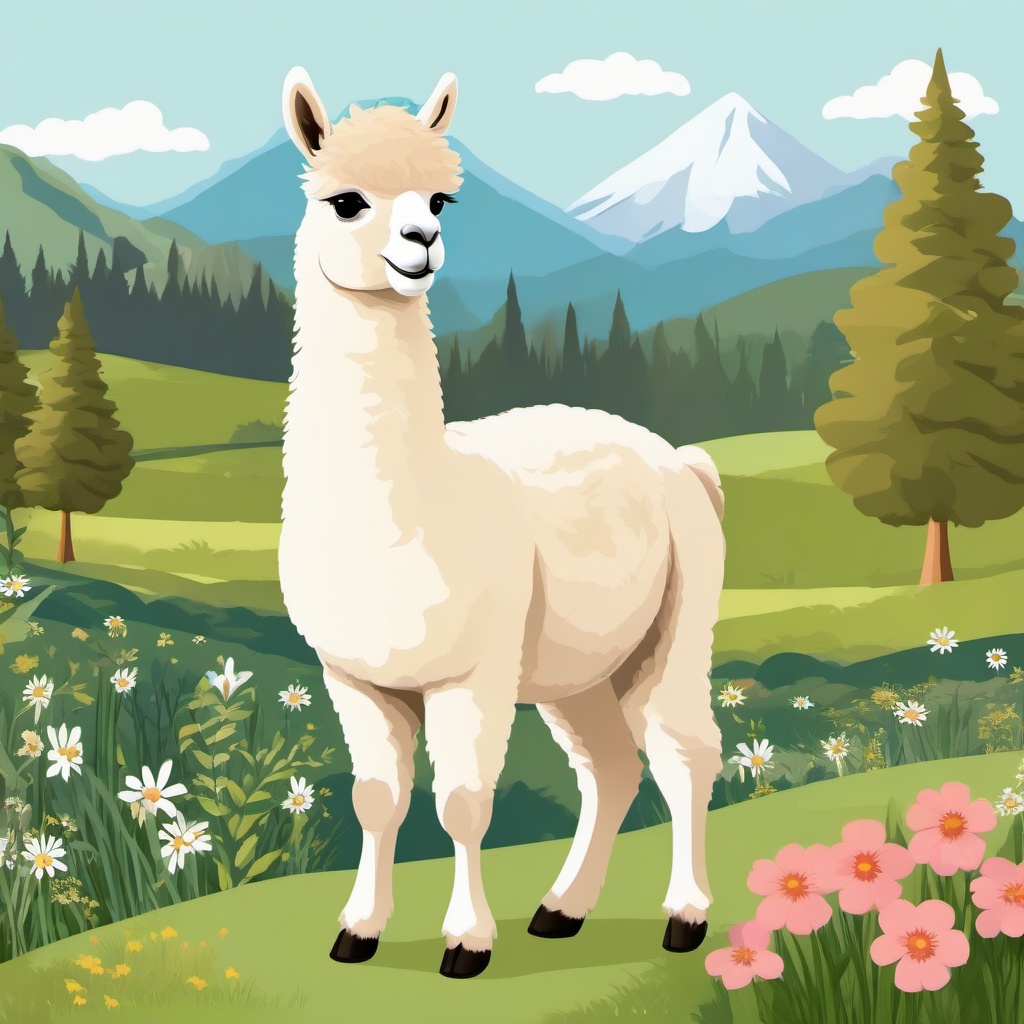 Cute Alpaca in a Scenic Meadow  clipart, simple