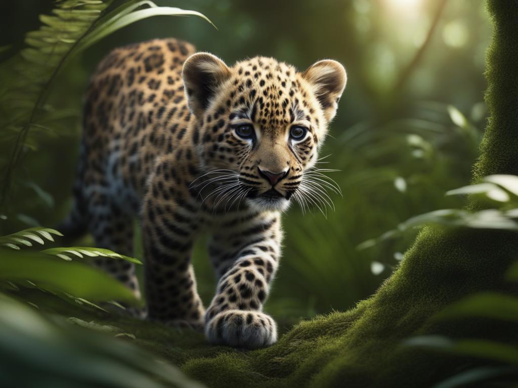 leopard cub stalking through the dense rainforest undergrowth 8k ultrarealistic cinematic 