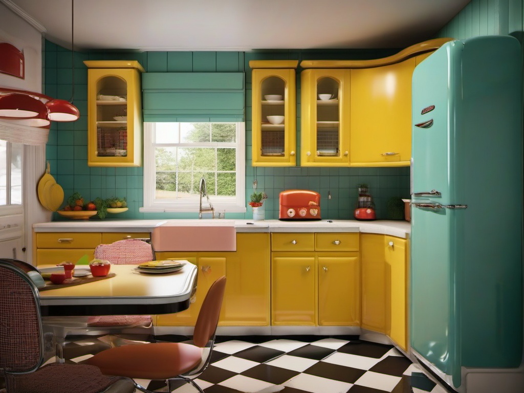 Retro kitchen is a vibrant homage to mid-century style with bold color palettes, retro appliances, and checkered flooring that captures the fun, upbeat spirit of the 1950s.  