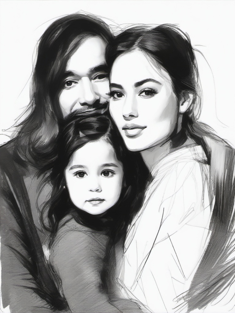 sketch of daughter and father  minimal rough sketch scribbles,doodles,black and white