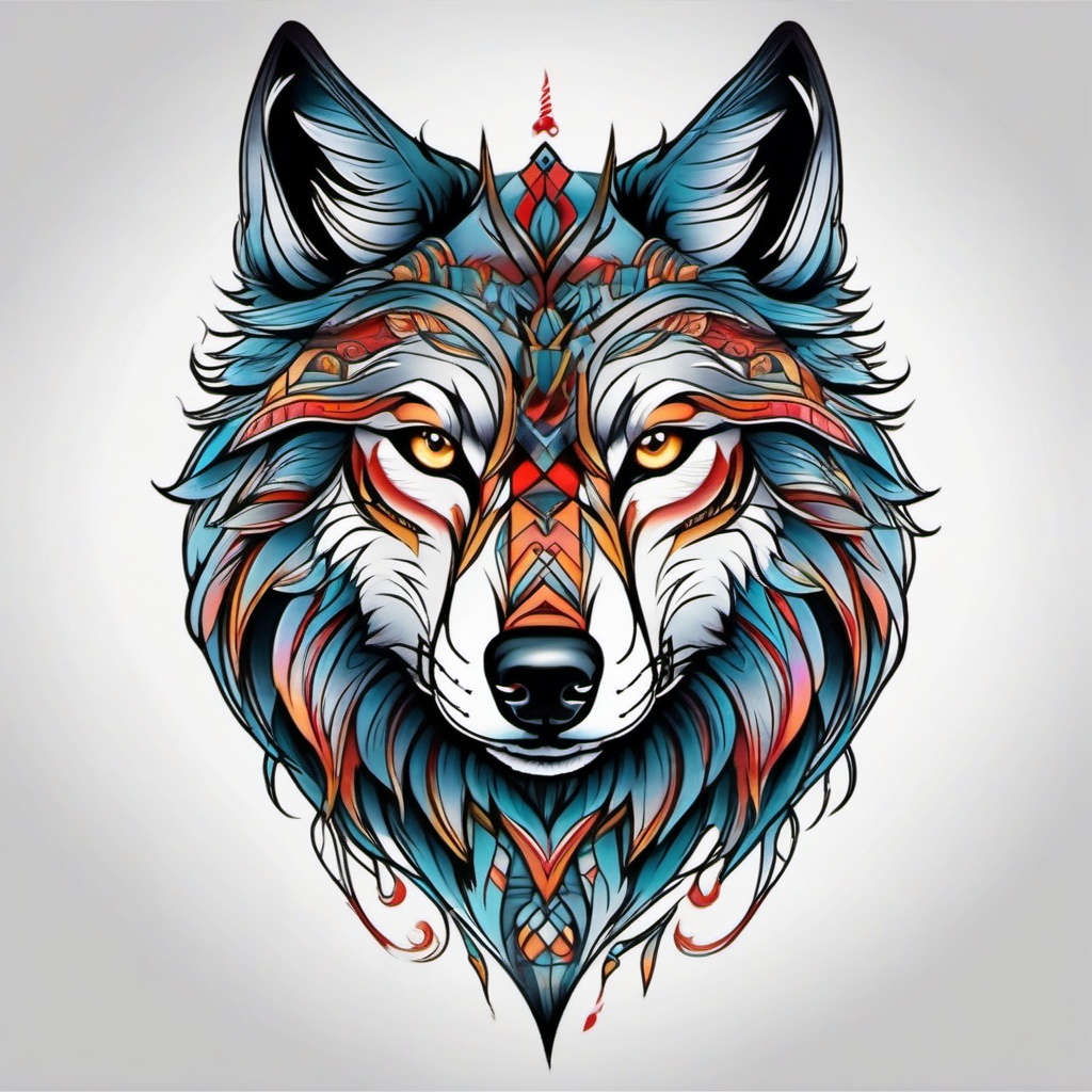 Neo Traditional Wolf Tattoo,modern twist on the traditional wolf tattoo, reflection of contemporary values. , color tattoo design, white clean background