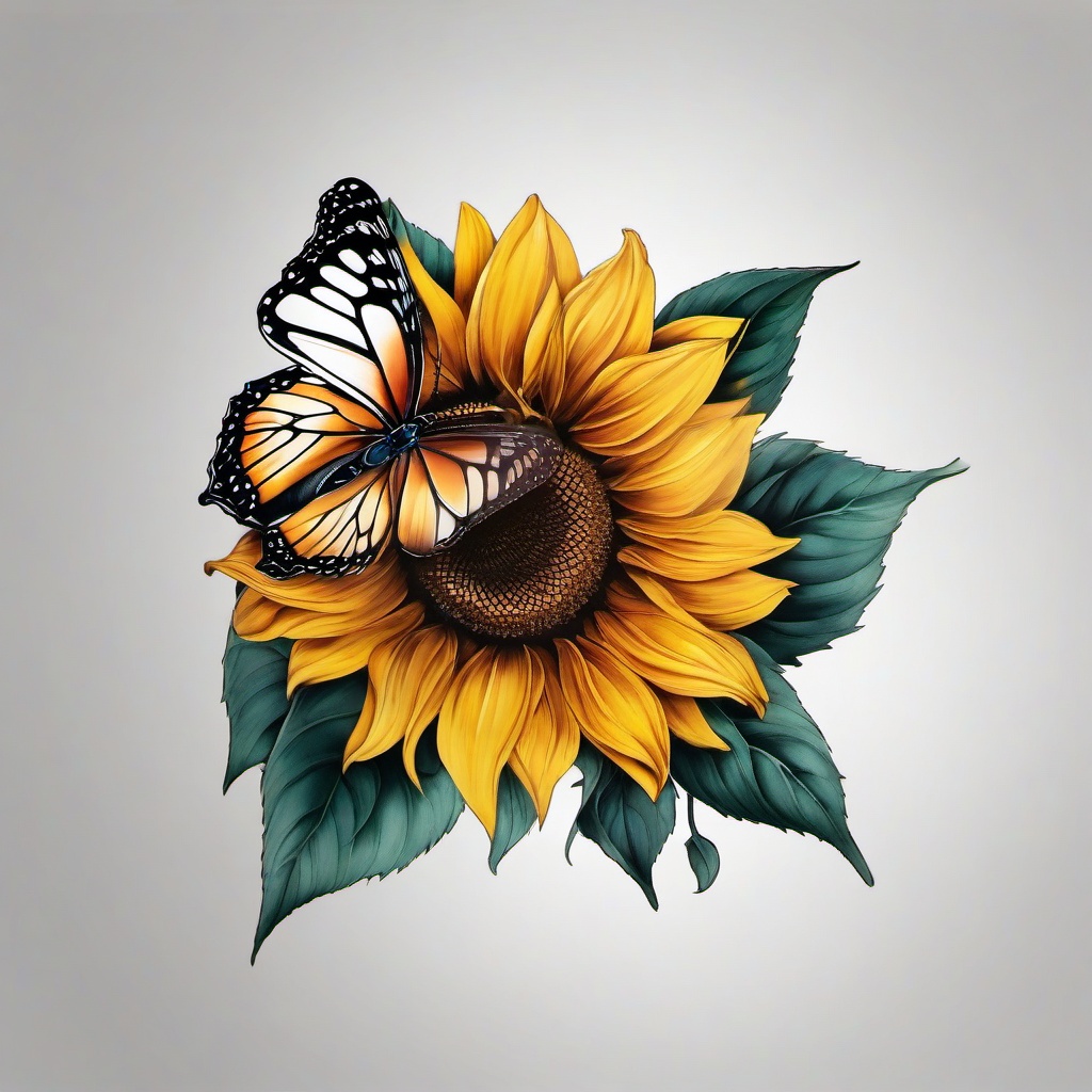 butterfly sunflower tattoo  simple color tattoo,white background,minimal