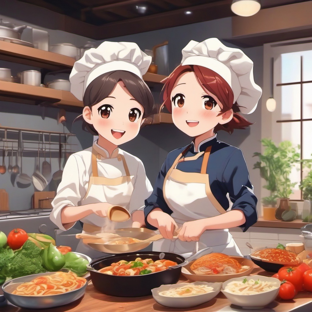 Adorable anime chef and creative chef buddy, wearing chef's hats and aprons, joyfully preparing a delectable feast in a bustling kitchen, as a matching pfp for friends. wide shot, cool anime color style