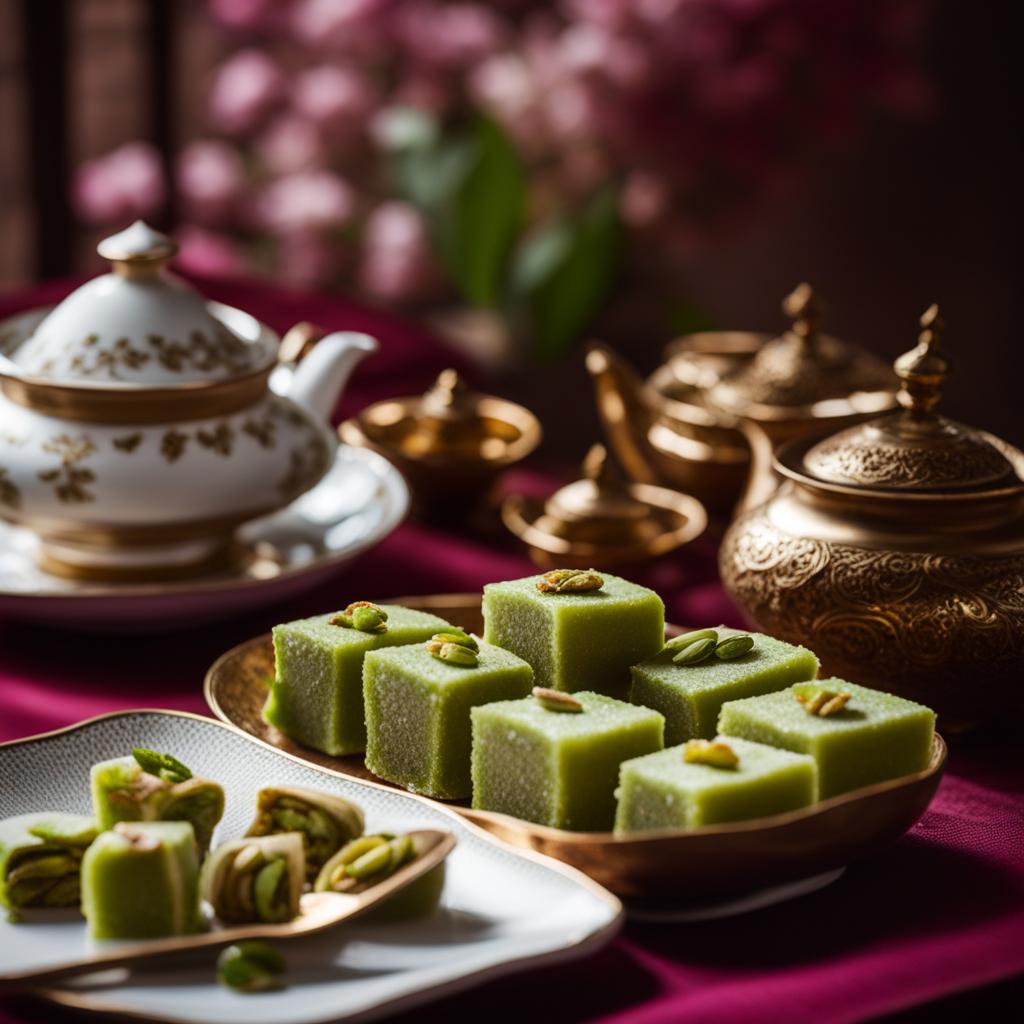 turkish delight with pistachios, a sweet confection, indulged at a serene tea ceremony in istanbul. 