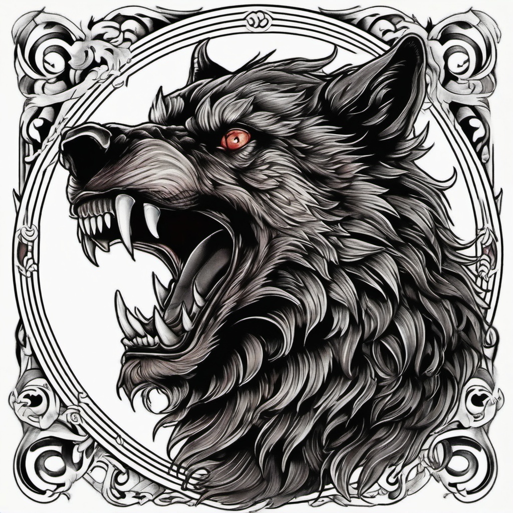 Traditional Werewolf Tattoo,classic tattoo capturing the transformation from human to werewolf, embracing the supernatural. , color tattoo design, white clean background