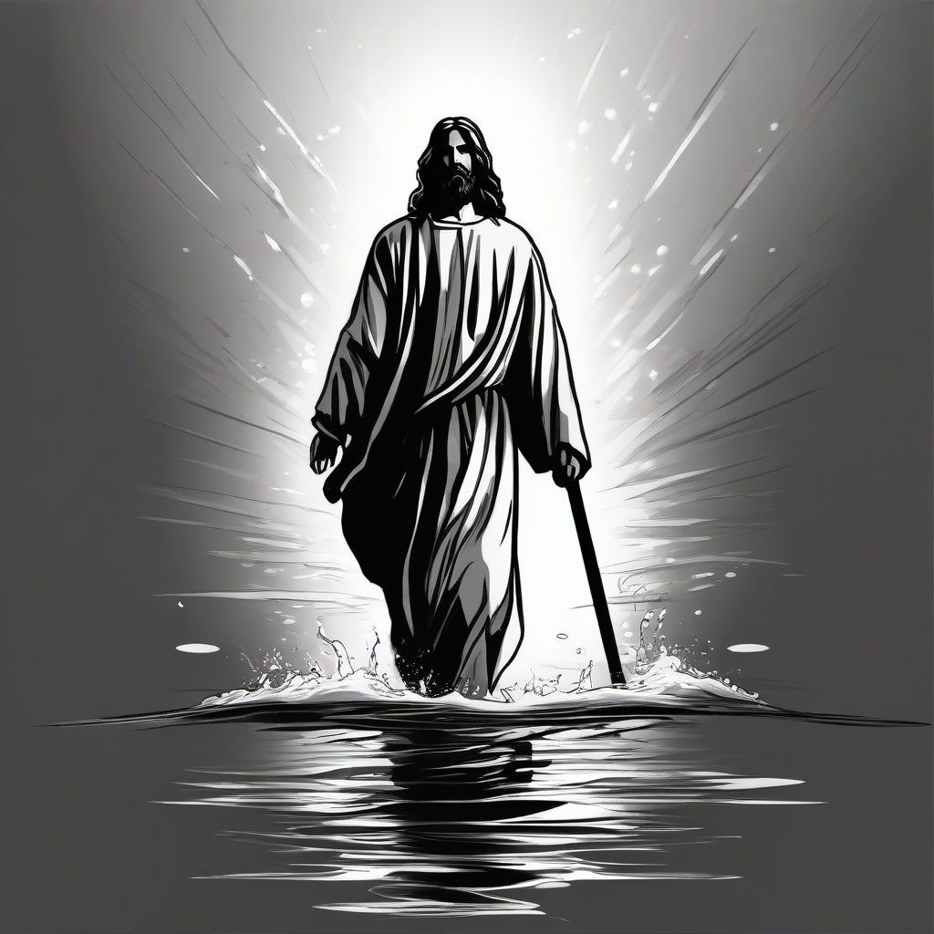 drawing of Jesus walking on water  minimal rough sketch scribbles,doodles,black and white