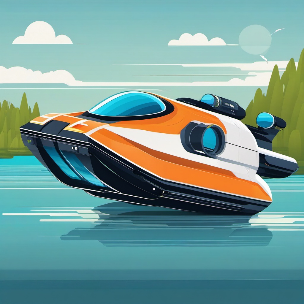 Hovercraft Clipart - A futuristic hovercraft on the water.  color vector clipart, minimal style