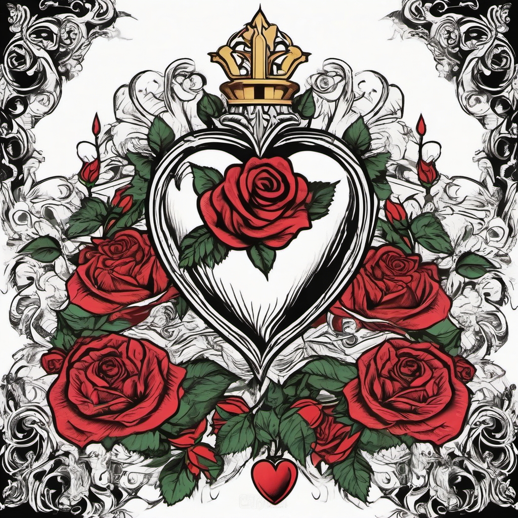 Sacred heart and roses ink: Catholic devotion expressed through floral symbolism.  color tattoo style, white background