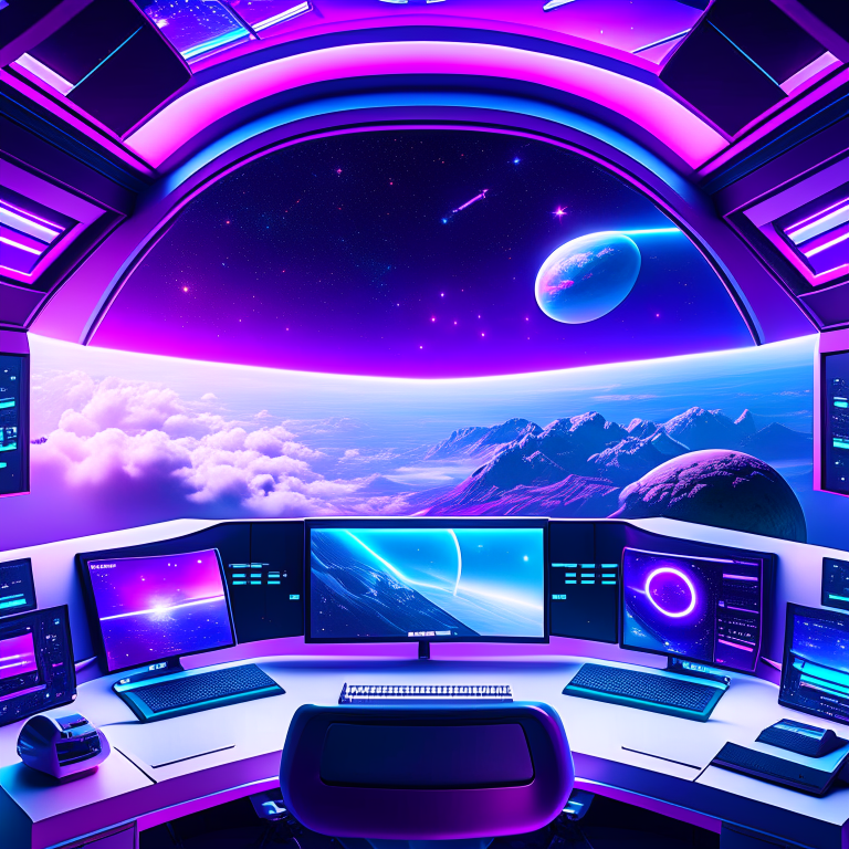 space station office with holographic computer interfaces and intergalactic views. 