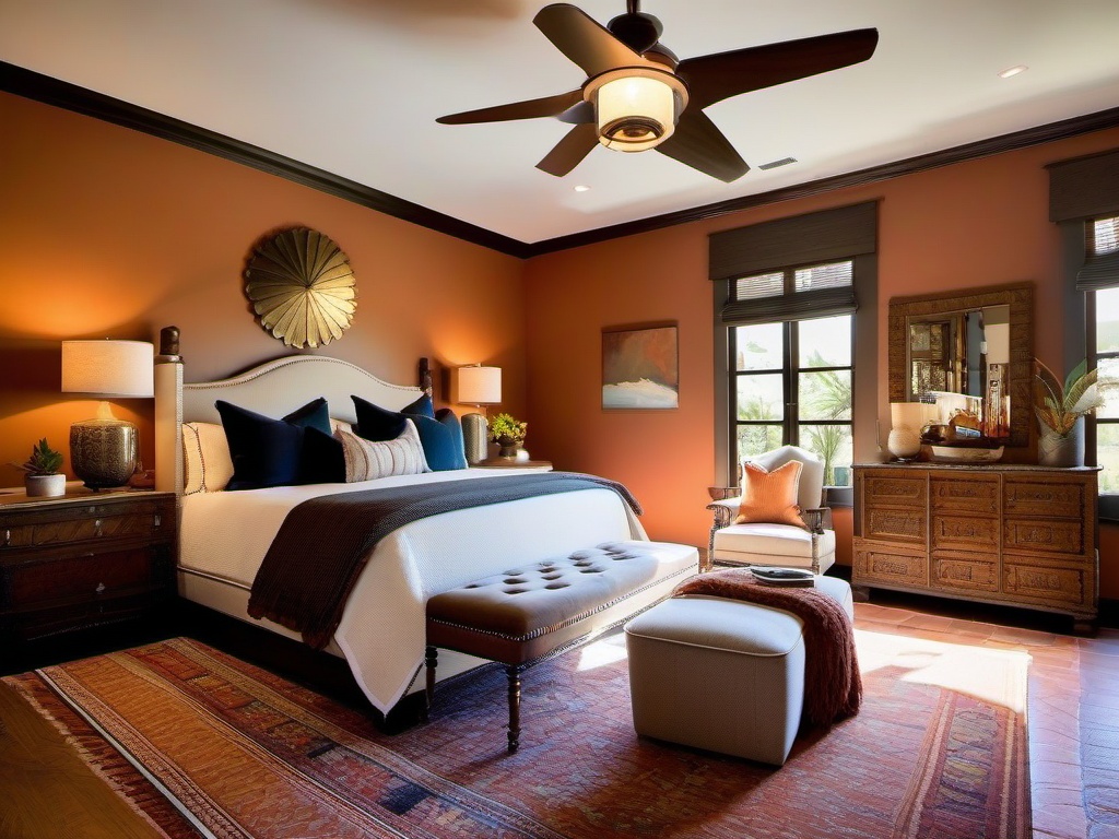 Spanish Revival master bedroom incorporates warm colors, rustic furniture, and decorative accents for a vibrant and inviting atmosphere.  