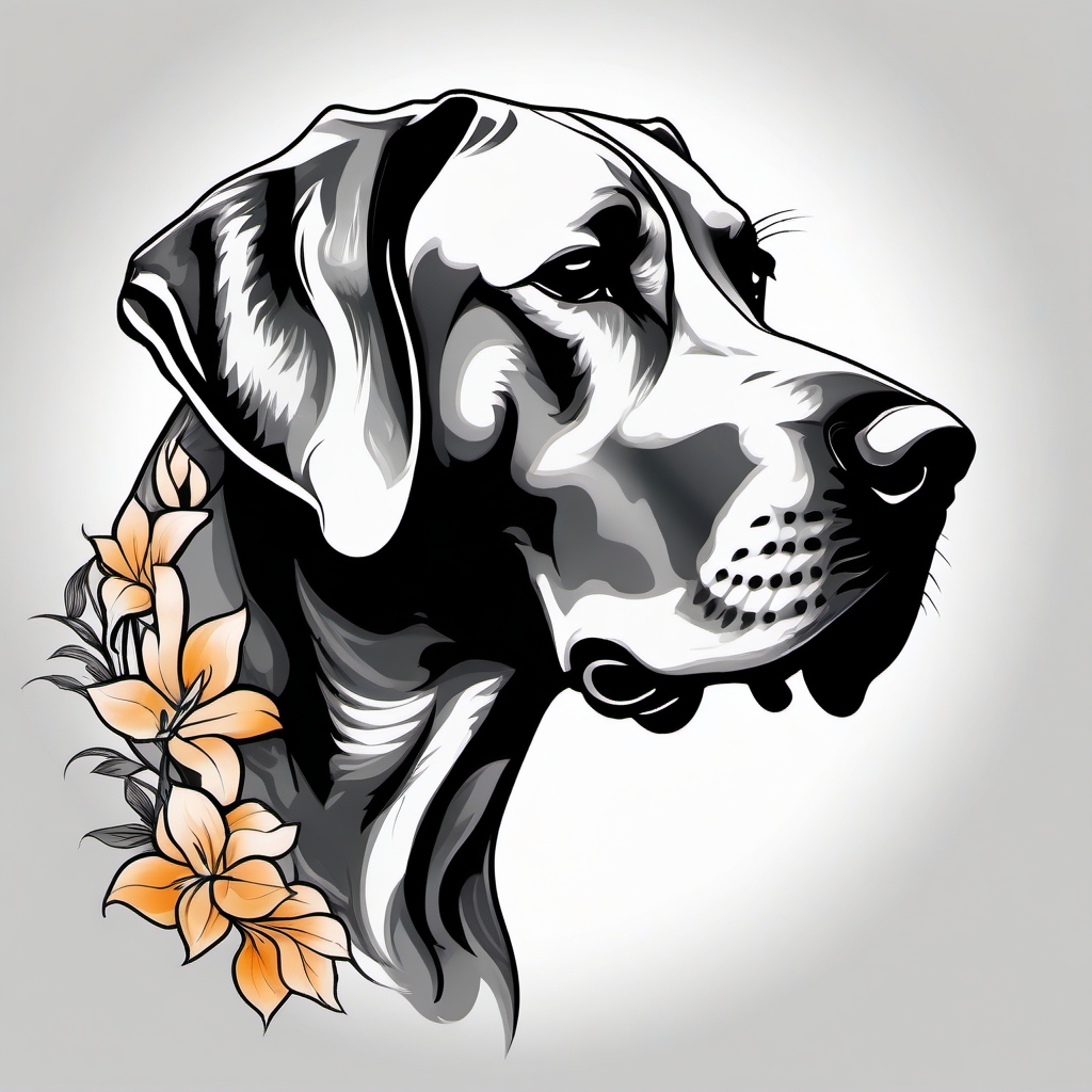 Great Dane tattoo: Majestic Great Dane, embodying strength, grace, and gentle nature in a tattoo.  color tattoo style, minimalist, white background